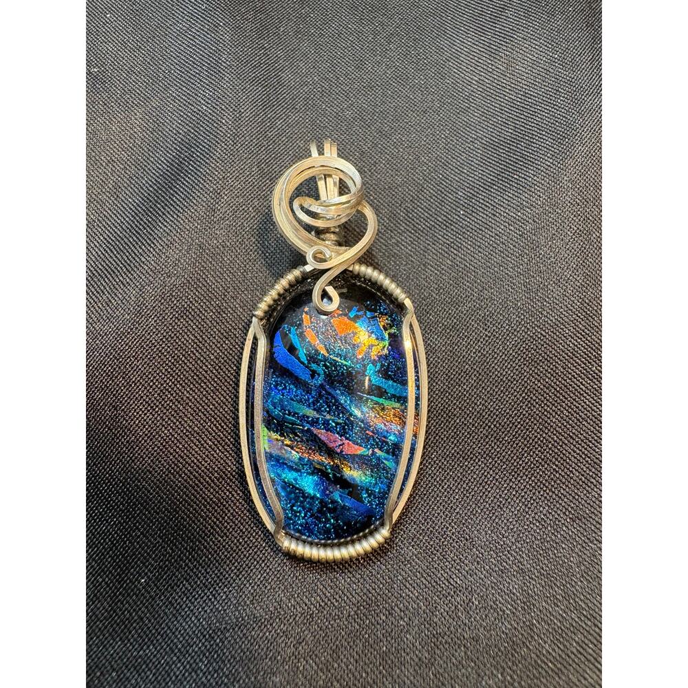 Large Sterling Silver Wire-Wrapped Dichroic Glass Pendant — Pendant Only